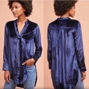 Anthropologie Maeve Navy Velvet Long Sleeve High Low Tunic Shirt neck Tie 6 NWOT